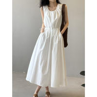 Vestido coreano con cintura con cordón para mujer, vestido sin mangas adelgazante con cuello redondo de verano - details 6