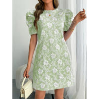 Vestido de verano nuevo para mujer con mangas abullonadas, textura jacquard y cuello redondo. - details 12