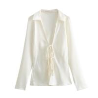 BUNO-Camisa con cordones y lazo con cuello en V, camisas de gasa con solapa de manga larga y textura satinada de seda, blusa holgada informal a la moda, cárdigan, Top para mujer - details 15