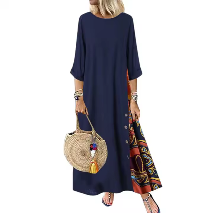 Vestido Vintage de talla grande para mujer, Vestido largo estampado con botones laterales y manga 3/4 de verano, vestidos largos para mujer - 1