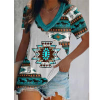 Camiseta con estampado Floral para mujer, Top de talla grande, Vintage, bohemio, cuello en V, informal, manga corta, primavera, verano, 46, 44, 42 - details 1