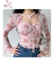 Camisetas de Vacaciones Dulces Florales Blusa de Oficina de Gasa con Cordones y Manga Campanada - details 2