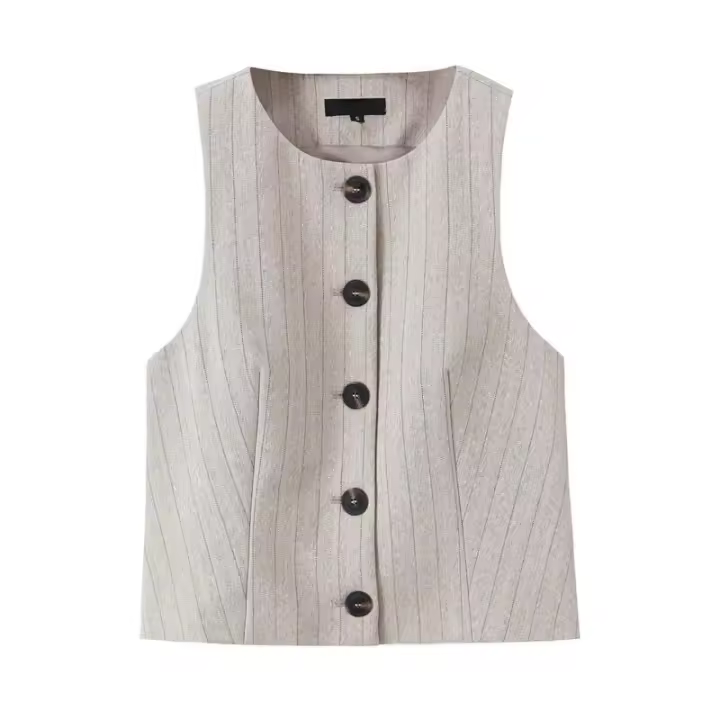 OUWU- Conjunto De Pantalones Y Chaleco De Primavera Para Mujer, Top Con Cuello Redondo Y Botones A La Moda, Pantalones De Cintura Alta, Traje De Ocio Para Oficina, Nuevo - 1