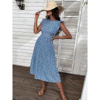Vestido largo elegante de corte en A floral de cintura alta sin mangas con cuello redondo retro de verano para mujer. - details 1