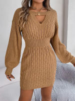 Vestido suéter de punto de manga larga calado elegante para mujer, - details 10