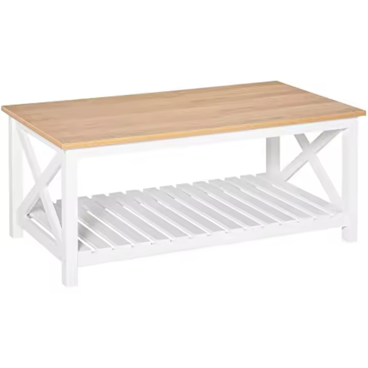 Mesa de Centro para Salón Mesa de Café con Estante de Almacenamiento Inferior para Dormitorio 116x60x48 cm Natural y Blanco - 1