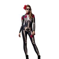 Body de esqueleto para fiesta de Halloween, mono de fantasma de diablo aterrador para niños y adultos, disfraces florales negros para el Día de Todos los Santos - details 4