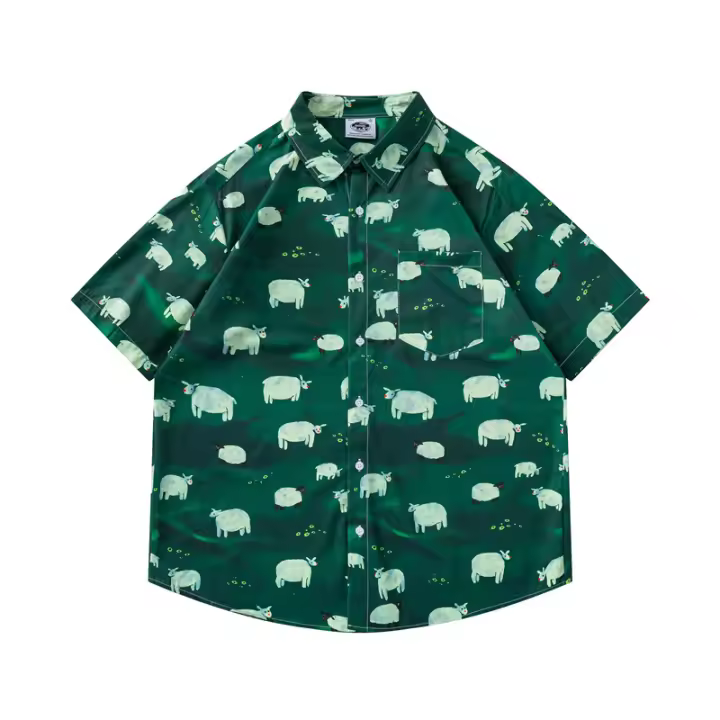Camisa corta con estampado completo de ovejas de dibujos animados para hombre y mujer, blusa floral holgada informal y versátil para verano - 1