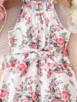 Romántico estampado floral de verano para niñas, vestido halter informal empalmado para vacaciones, cinturón y tacón con volantes - details 3