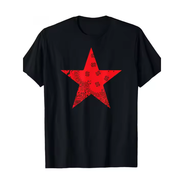 Camiseta negra con estampado de estrella de Hip Hop para hombre, 100% algodón, manga corta, cuello redondo, ropa urbana con bandana roja - 1