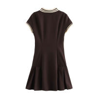 TRAFZA, moda de verano para mujer, vestido acampanado plisado ancho acanalado con contraste, vestido elegante de manga corta con cuello vuelto y botones para mujer - details 5