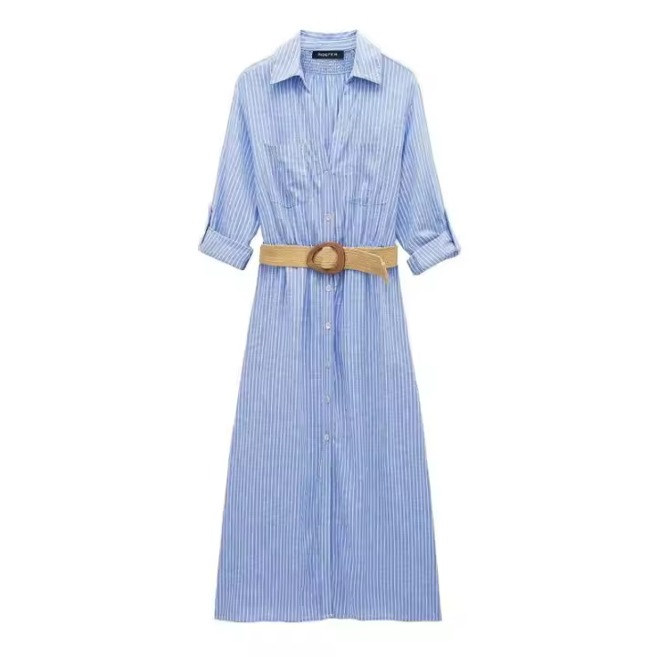 BUNO-Vestido camisero a rayas para mujer, plisado con cinturón, midi, manga con vuelta, largo para playa, verano, 2025 - 1