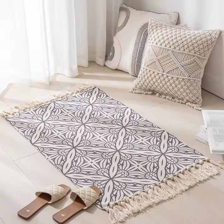 Alfombra de algodón con mechones de algodón,Lavable,Retro,para Pasillo,con borlas,Estilo Bohemio,marroquí,para salón,Dormitorio,Puerta de Entrada (Marrón Claro, 60 x 130 cm) - 1