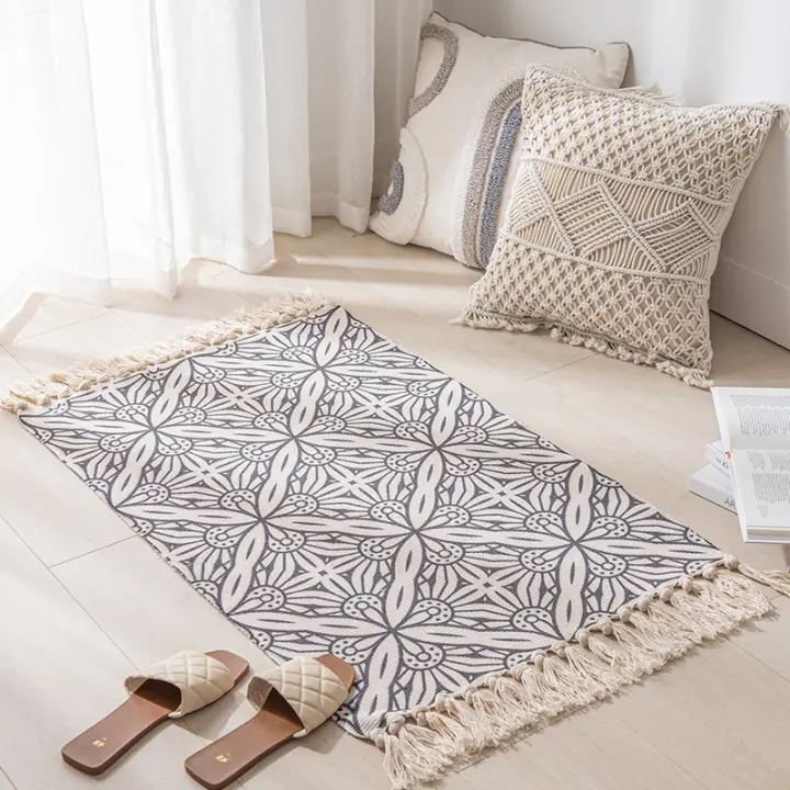 Alfombra de algodón con mechones de algodón,Lavable,Retro,para Pasillo,con borlas,Estilo Bohemio,marroquí,para salón,Dormitorio,Puerta de Entrada (Marrón Claro, 60 x 130 cm) - 1