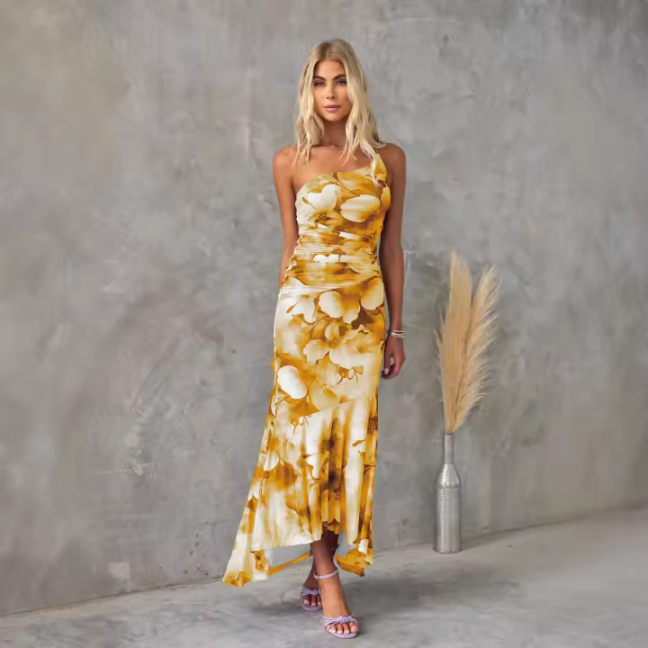 Falda con estampado plisado de moda para mujer, elegante vestido de manga corta con cuello en V delgado, top de tubo - 1