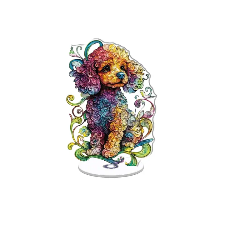 Decoración acrílica giratoria que muestra un vibrante diseño de cachorro de caniche con intrincados patrones giratorios y un fondo colorido para un efecto visual impresionante. - 1