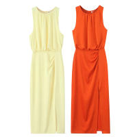 TRAFZA-vestido Midi elegante para mujer, vestidos informales de estilo de vacaciones de verano, sin mangas, lisos, con cuello redondo y dobladillo dividido - details 1