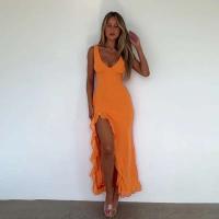Vestido Maxi de Verano Elegante sin Mangas con Volantes Sexys Cuello en V Profundo, Espalda Alta, Abierto hasta la Coxa - details 19