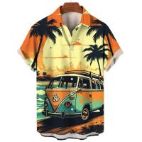 Camisa de manga corta con estampado 3D de playa y coche informal retro para hombre, ropa deportiva de verano, camiseta, ropa de diseñador para hombre - details 3