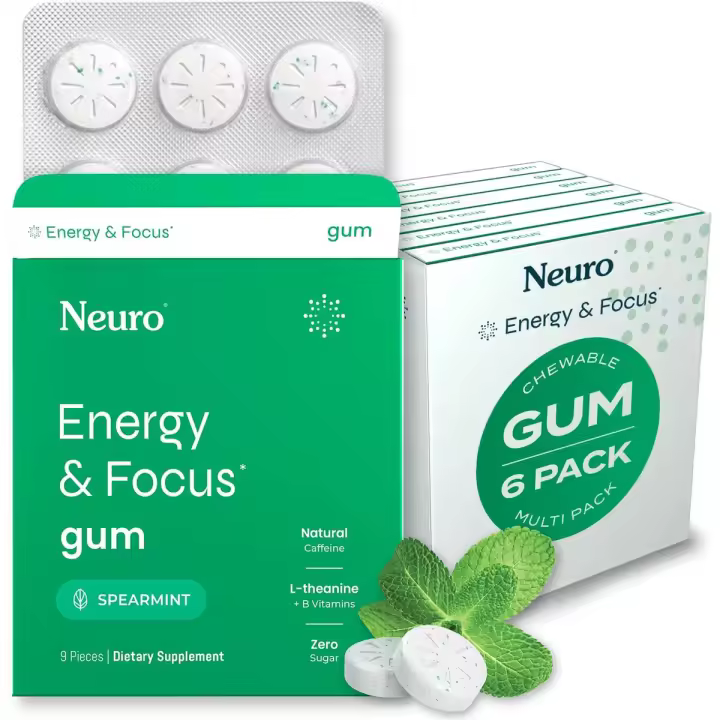 Neuro Gum (54 piezas) sin azúcar con L-teanina, cafeína natural + vitamina B12 B6, suplemento de enfoque energético nootrópico para mujeres - 1