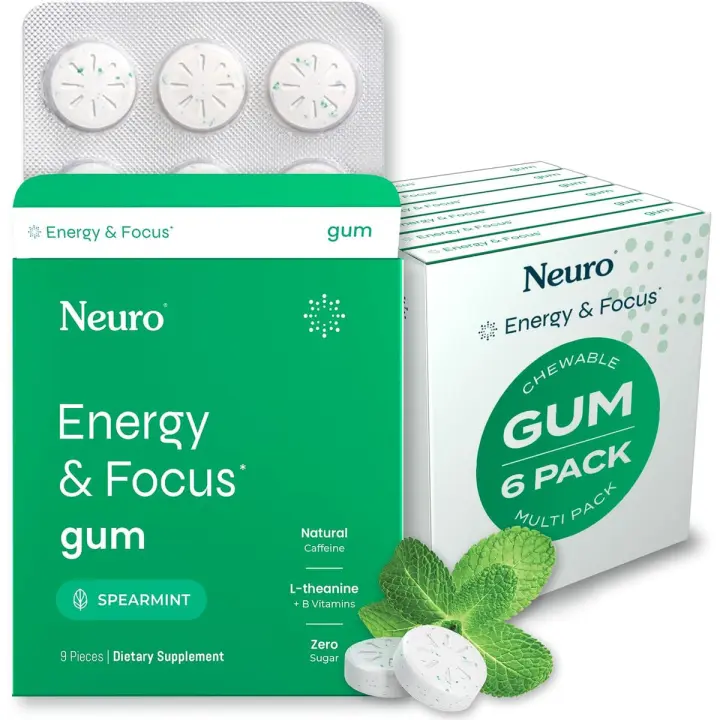 Neuro Gum (54 piezas) sin azúcar con L-teanina, cafeína natural + vitamina B12 B6, suplemento de enfoque energético nootrópico para mujeres - 1
