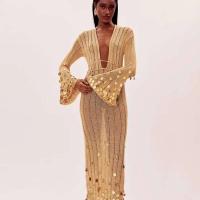 Vestido Maxi de Punto con Lentejuelas Cuello Profundo, Cintura Alta, Manga Larga, Robe de Fiesta Transparente Moda para Mujeres 2025 - details 10