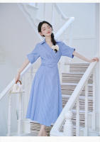 Vestido de Rayas Azules Francés Vestido de Moda de Verano para Mujeres Elegante y Delgada - details 13