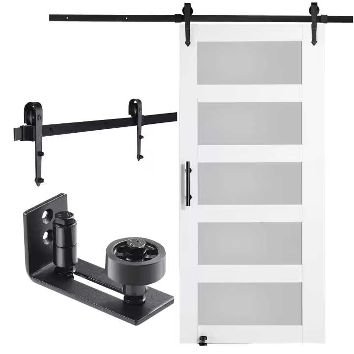 SucceBuy Kit de puerta corrediza de madera y vidrio, losa de madera de abeto, vidrio esmerilado, guía de piso 8 en 1, manija de puerta corrediza - 1