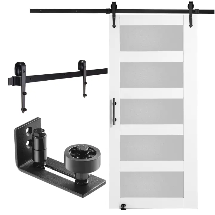 SucceBuy Kit de puerta corrediza de madera y vidrio, losa de madera de abeto, vidrio esmerilado, guía de piso 8 en 1, manija de puerta corrediza - 1