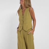 Elegante chaleco Y2K para mujer, conjunto de 2 piezas, sin mangas, cuello en V, con botones, ropa de abrigo, conjunto de pantalones de pierna ancha - details 3