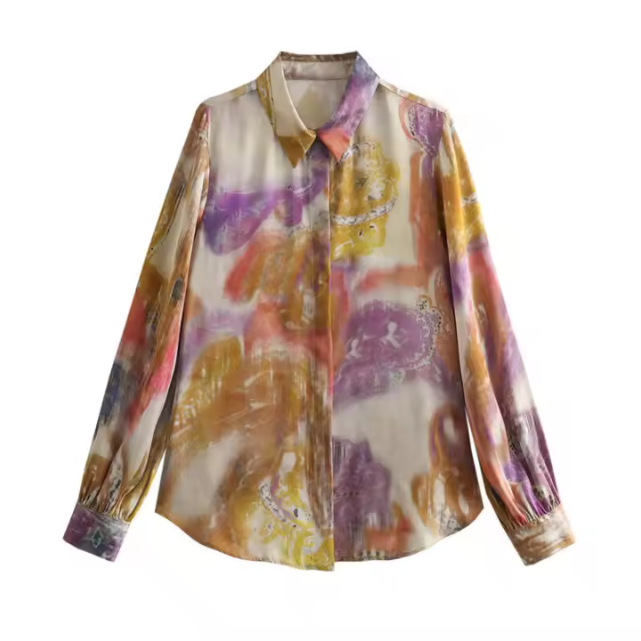 OUWU- Camisa De Satén De Seda Para Mujer, Manga Larga, Solapa, Estampado En Capas, Textura, Estilo Europeo Y Americano, Verano, Nuevo - 1