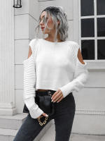 Suéter corto con hombros descubiertos para mujer, Jersey de punto de manga larga, suelto, informal, Otoño e Invierno - details 3