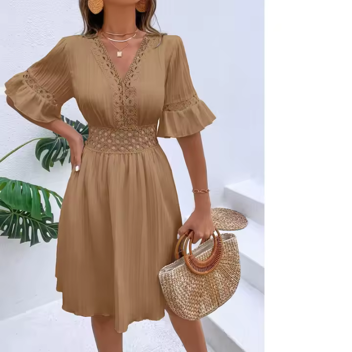 Vestido de verano para mujer, nuevo estilo, con costuras, escote en V y cintura de color liso. - 1
