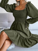 Vestido elegante de manga larga para mujer, falda de cuello cuadrado, de Color sólido vestido de volantes, moda de primavera y otoño - details 5