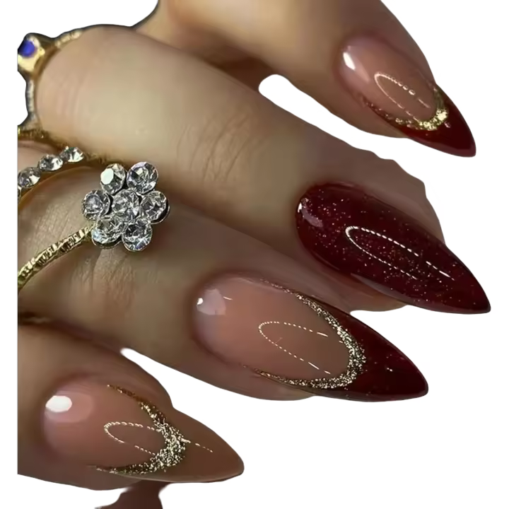 24 Piezas de Uñas Postizas de Almendra Medio Largo, Punta Francesa, Diseño de Purpurina Dorada, Rojo y Rosa Brillante, Reutilizable Acrílico - 1