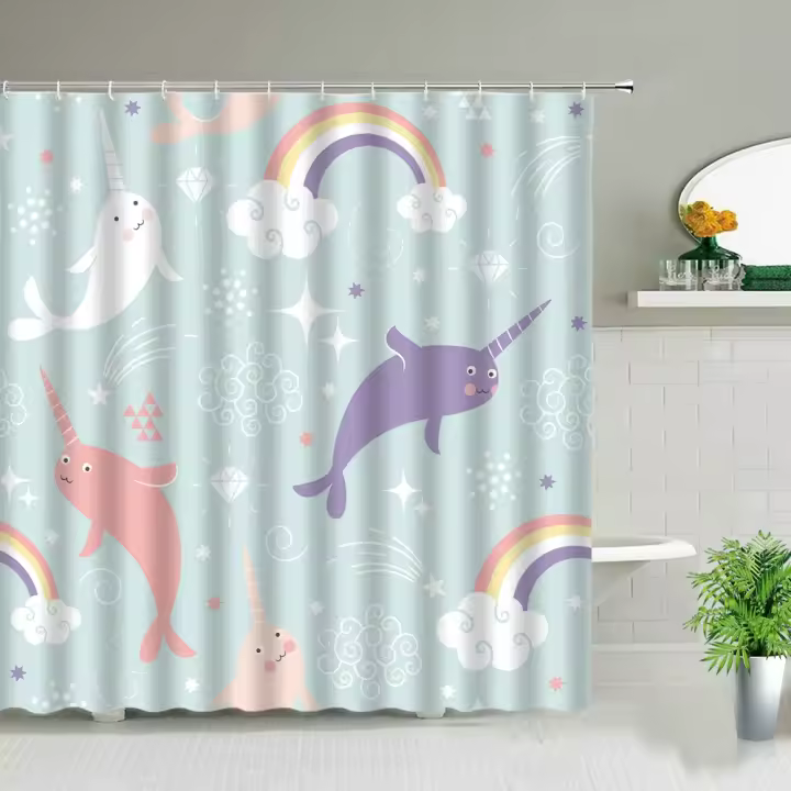 Cortina de Ducha de Pegujas de Dibujos Animados Vida Marina Decoración de Baño para Niños - 1