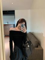 Jersey de otoño para mujer, Top Irregular con hombros descubiertos, suéter de punto negro de manga larga con base para mujer - details 13