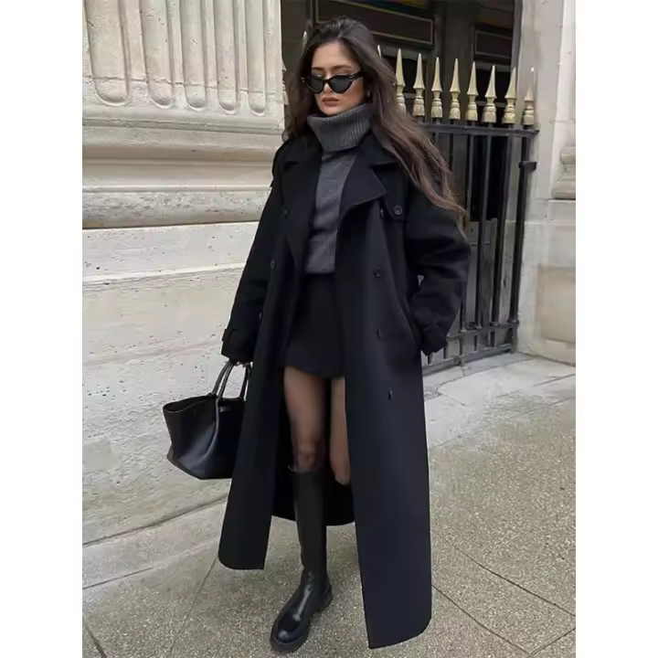 Bata elegante con cinturón, abrigo de lana para mujer, reet de moda de alta gama con doble botón - 1