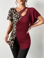 Nuevo estampado de leopardo irregular manga corta Camiseta cuello mariposa manga patchwork top mujer - details 8