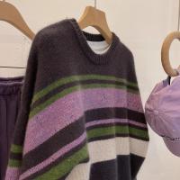 Moda Púrpura Rayas Suéter De Punto Holgado, Top Perezoso - details 2