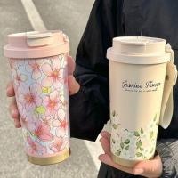 Termo portátil de acero inoxidable con diseño de flores, a prueba de fugas, capacidad de 500 ml, con pajita, doble pared, para viaje y uso en el coche. - details 14