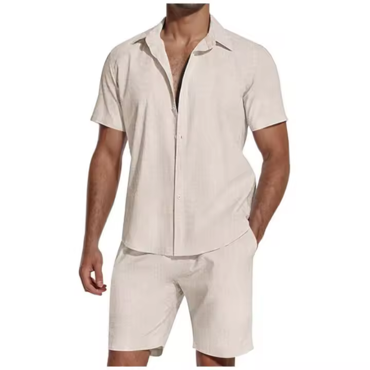 Traje de verano para hombre, conjunto de 2 piezas, camisa de manga corta y pantalones cortos, traje de playa - 1