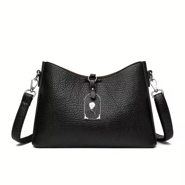 2025 Nueva Mujer Casual: Bolso Bandolera Sintético Negro Minimalista de 3 Capas con Correa Extraíble y Cierre de Cremallera para el Trabajo. - 1