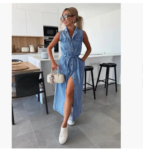 Vestido vaquero de un solo pecho con cintura larga y sin mangas, nuevo estilo 2025, NZ88 - 1