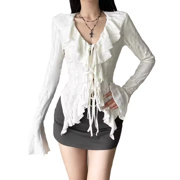 Nuevos tops para mujeres, top de encaje elegante con lazo y volantes en gasa blanca de ensueño - 1