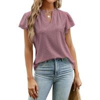 2025 primavera y verano europeo y americano nuevo jacquard con cuello en v mangas apiladas camiseta de manga corta top ropa de mujer - details 5