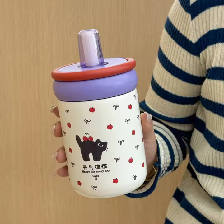 Botella de agua térmica duradera de 500ML con asa, taza de vacío de acero inoxidable 316, tapa de gato de dibujos animados, taza de té de paja para niños y niñas - 1