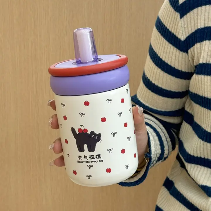 Botella de agua térmica duradera de 500ML con asa, taza de vacío de acero inoxidable 316, tapa de gato de dibujos animados, taza de té de paja para niños y niñas - 1