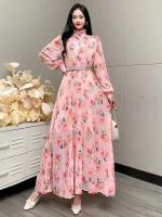 2024 nueva primavera otoño mujeres cuello con volantes manga cinturón ajustado largo dulce plisado dobladillo grande vestido de gasa ral - details 3