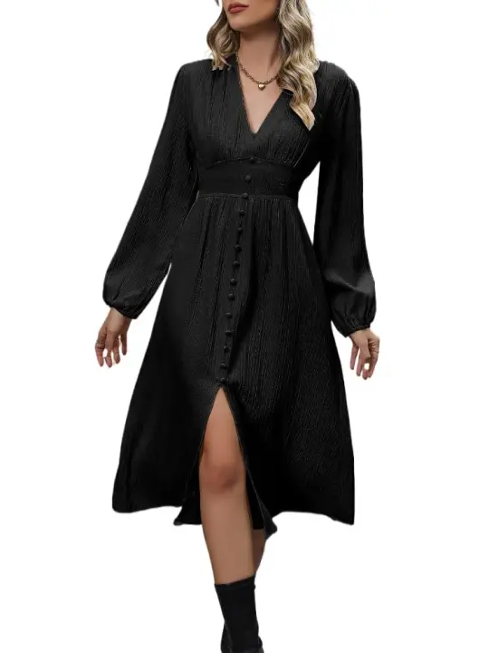 Elegante Vestido Largo para Mujer Cuello en V, Color Sólido, Diseño Harajuku Nuevo - 1